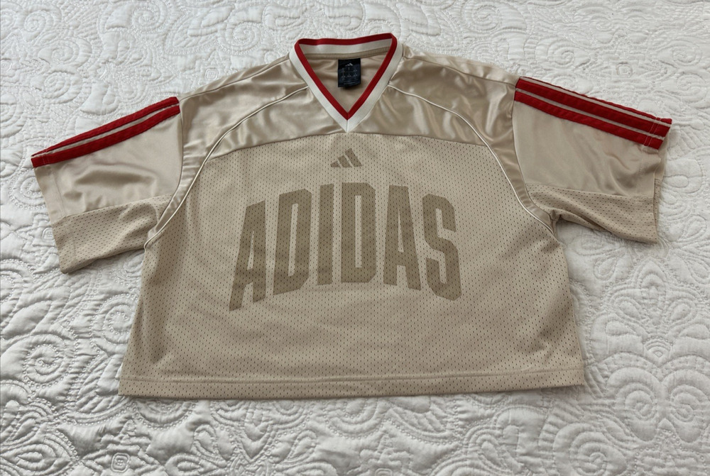 adidas Stadium Mesh T-Shirt Womens Small Beige Red Casual Tops Relaxed